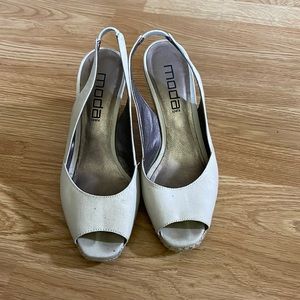 Peep-toe sling espadrilles - light fabric, woven wedge, sz7